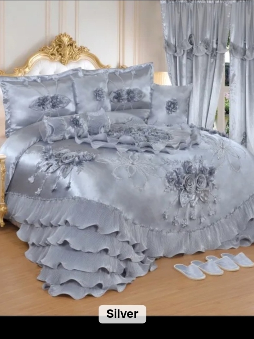 Liliana Silver Ruffled Satin Embroidered Bedding Set